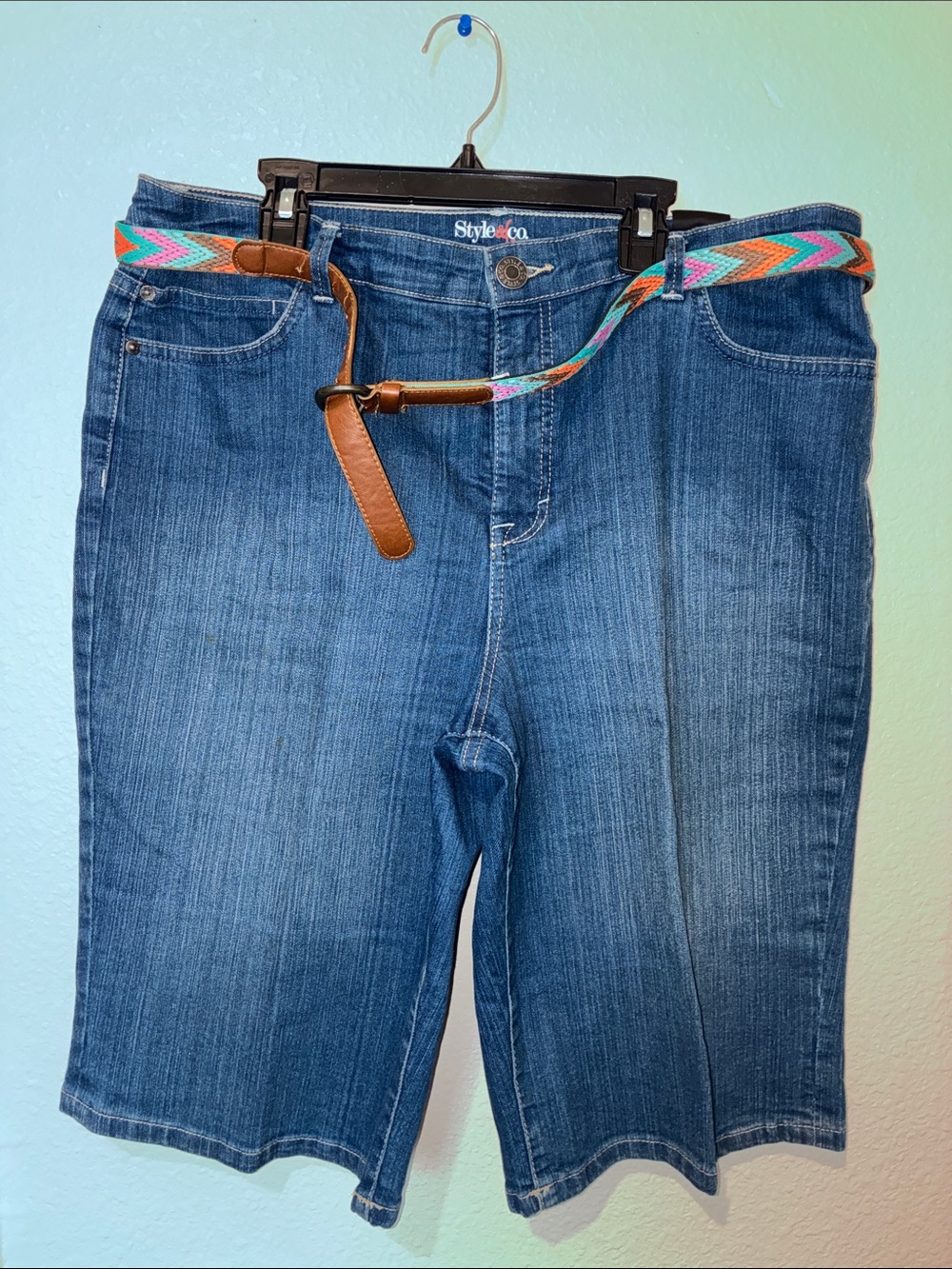 Style & Co. Midwash Denim Ankle-Length Bermuda Shorts with Multicolor Belt
